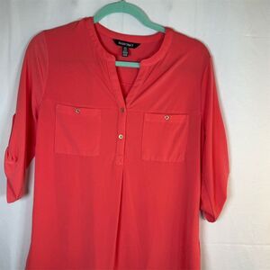 Ellen Tracy Tunic Blouse Womens M Coral Pink Split V-Neck 3/4 Sleeve